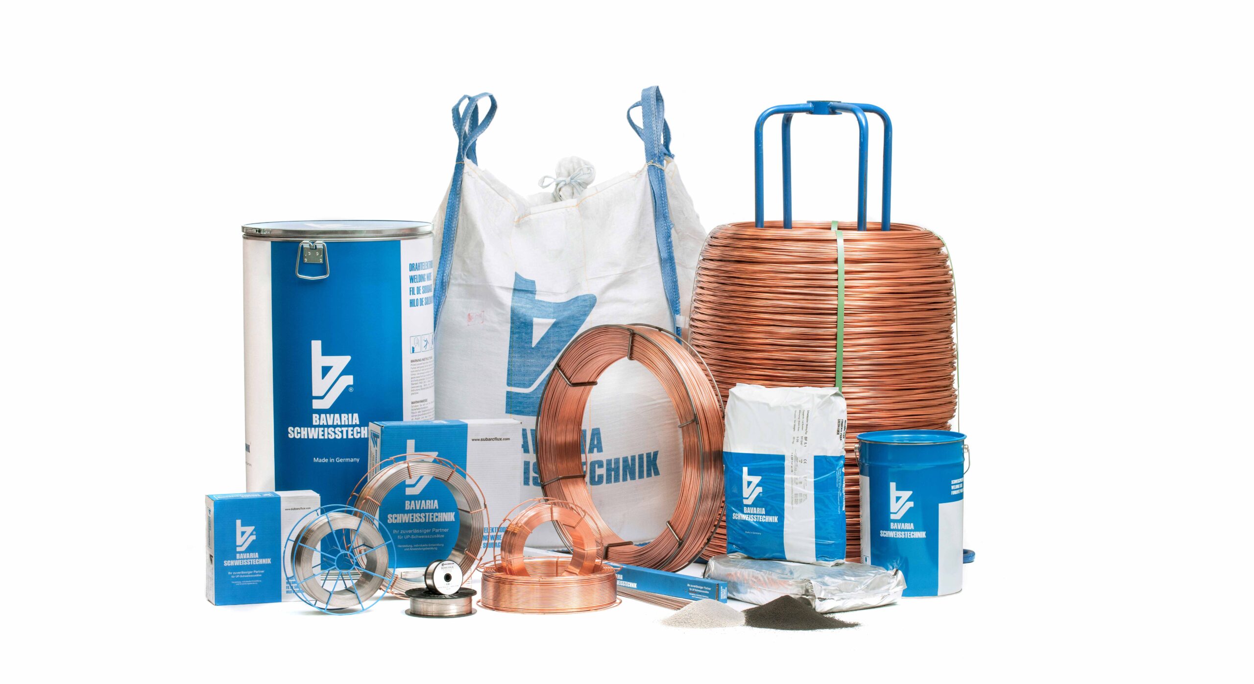 The image shows our customer's product overview, consisting of welding flux and wires, which were created as part of the product shoot that we implemented as an agency.