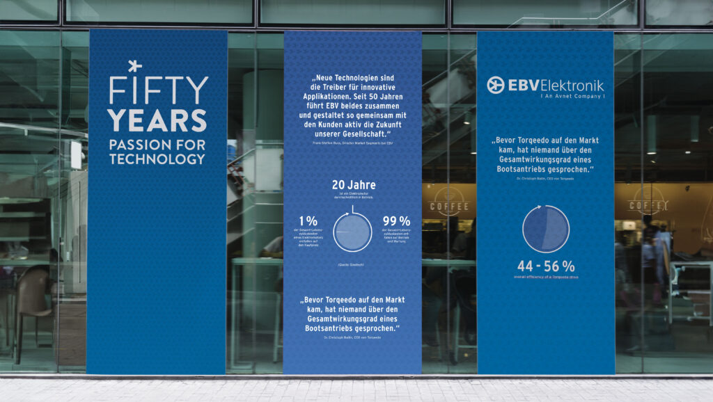 Three exemplary roll-ups are on display as an insight into the branding of the campaign for the company's 50th anniversary.