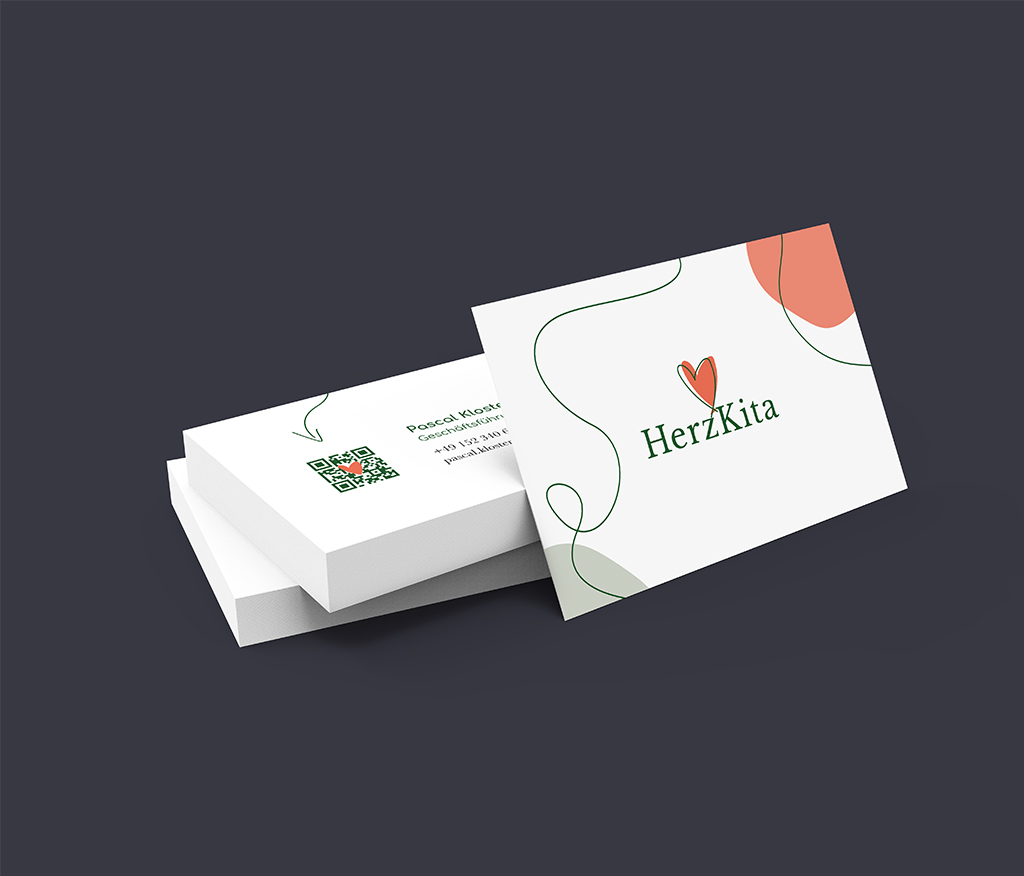 Business cards as part of the corporate design assignment we won for HerzKita, a daycare center start-up from Munich.
